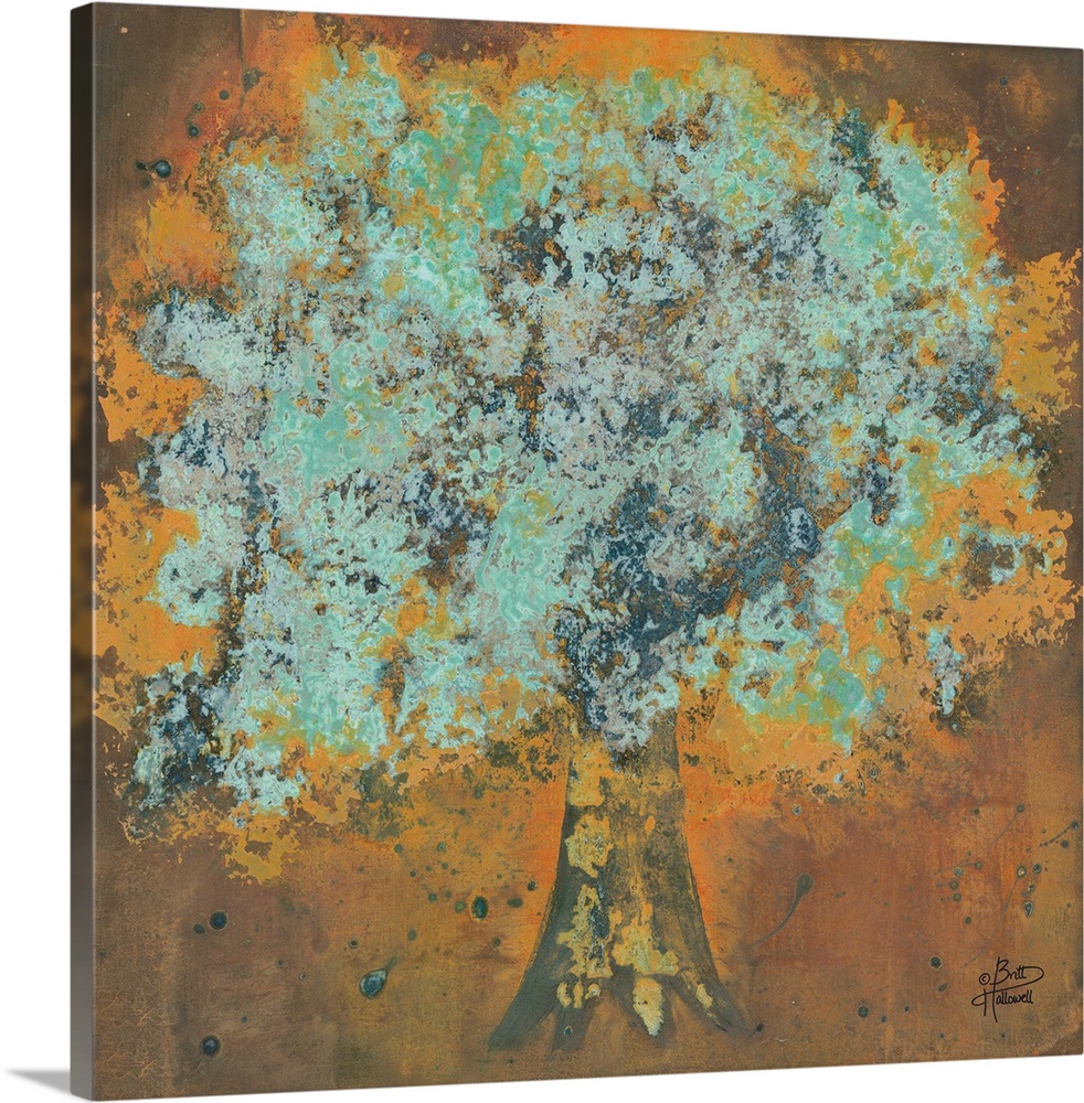 Vintage style artwork of a tree in copper shades with pale green leaves.