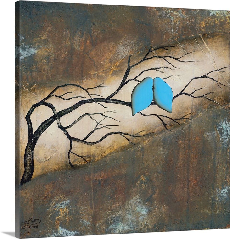 Contemporary artwork of two blue birds nestled together on a branch.