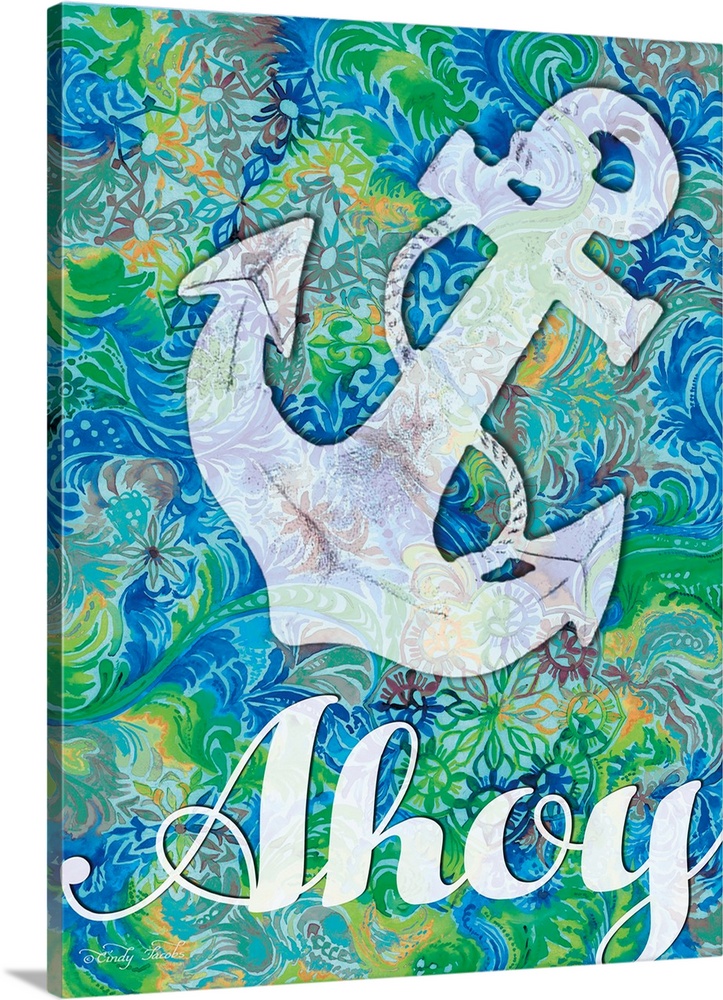 Nautical themed decor artwork of an anchor and the word "Ahoy" on a blue and green patterned background.