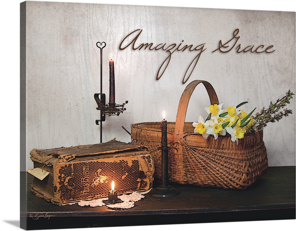 This still-life photograph features rustic elements with the words, Amazing Grace, above it.