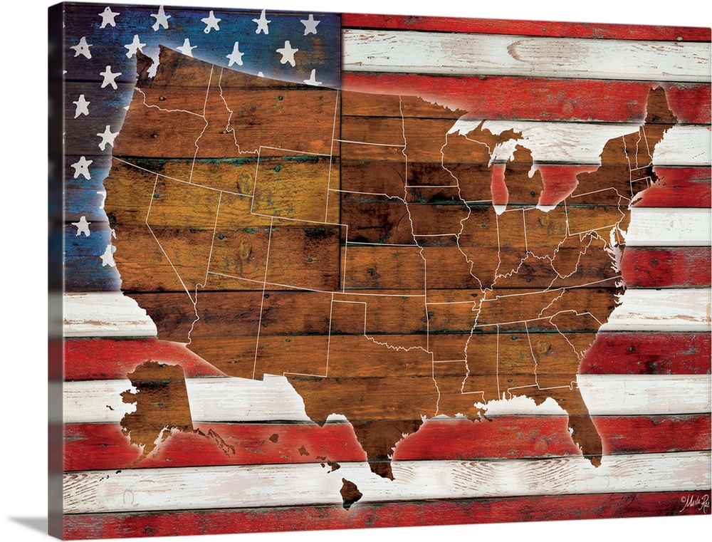 A map of the United States in wood on an American Flag.