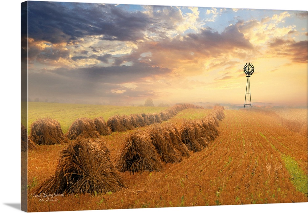 Photograph of an Amish countryside sunrise with the title, Amish Country Sunrise, in the bottom left corner.
