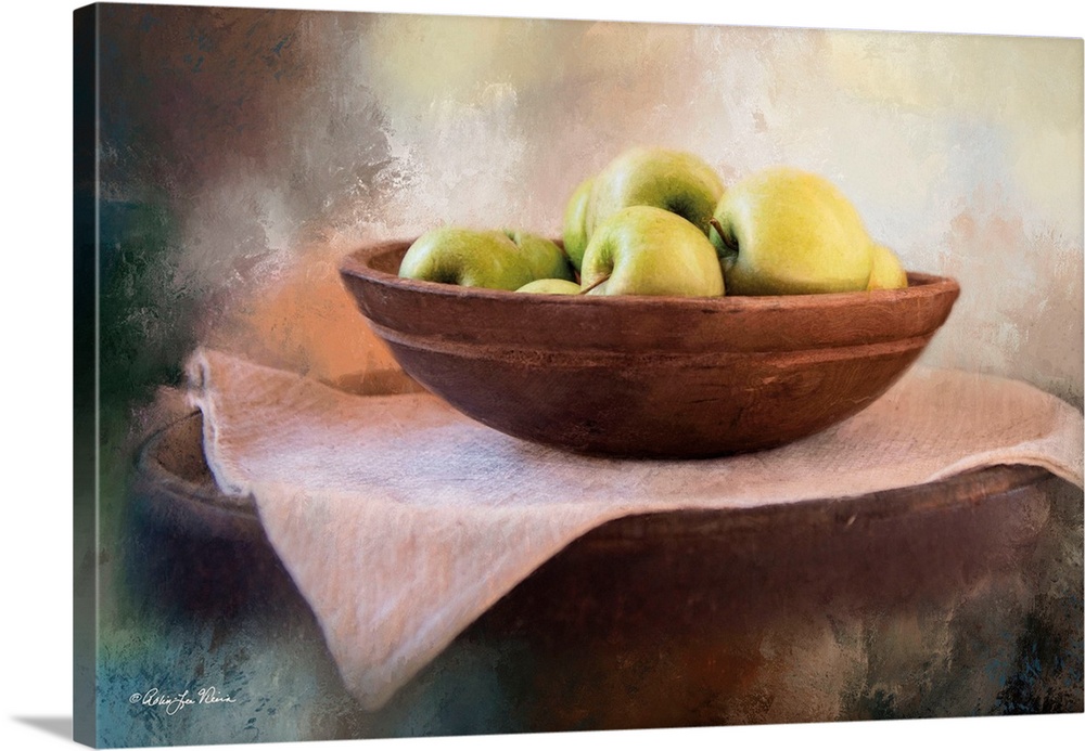 Decorative artwork of a still-life image of a bowl of apples.
