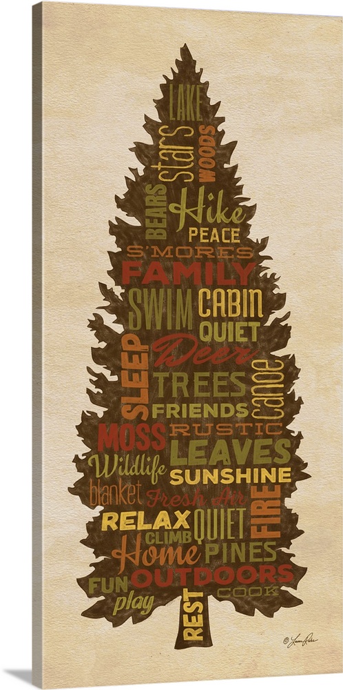 Typography art of forest and lake lodge-themed words in the silhouette of a pine tree.