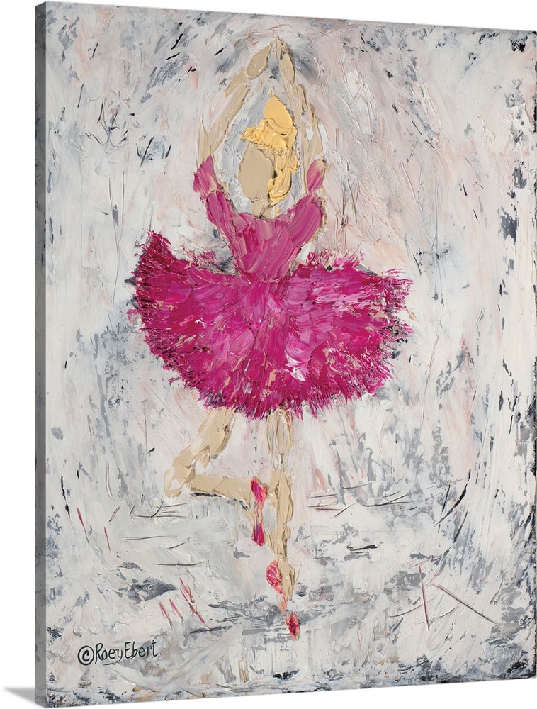 Vertical abstract of a ballerina in pink artfully done in bold brush strokes.