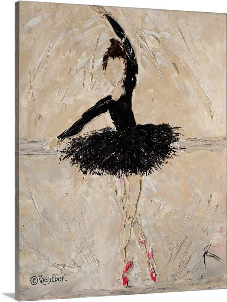Vertical abstract of a ballerina in black artfully done in bold brush strokes.