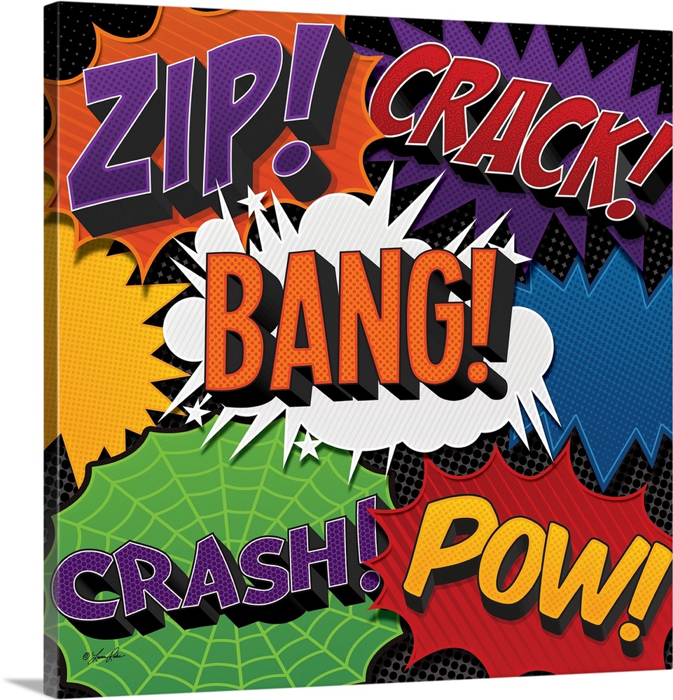Comic book style action sound effects in bright colors and designs.
