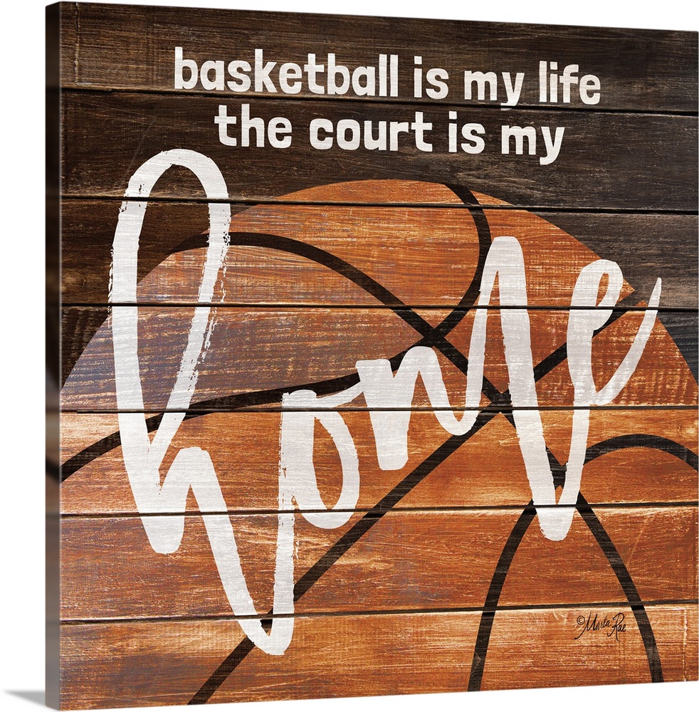Basketball themed typography art on a wooden board background.