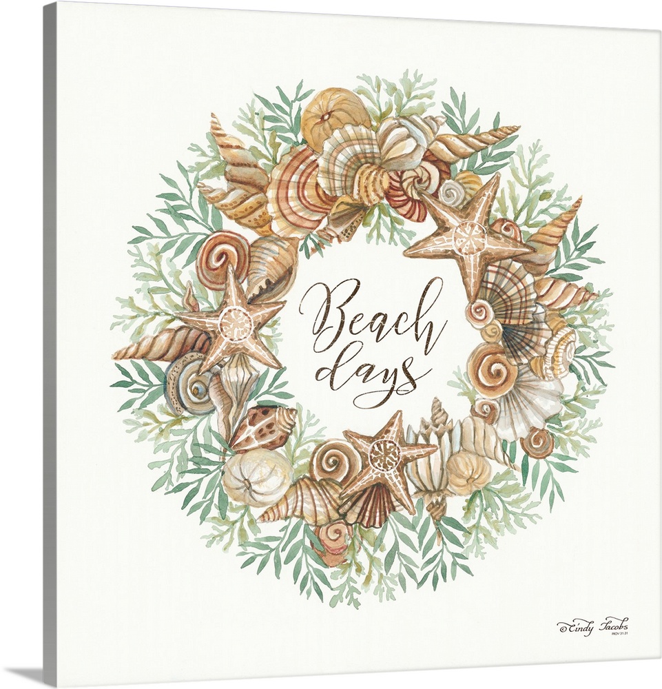 This decorative artwork features a watercolor wreath of various shells and leaves surrounding the words: Beach days, in th...