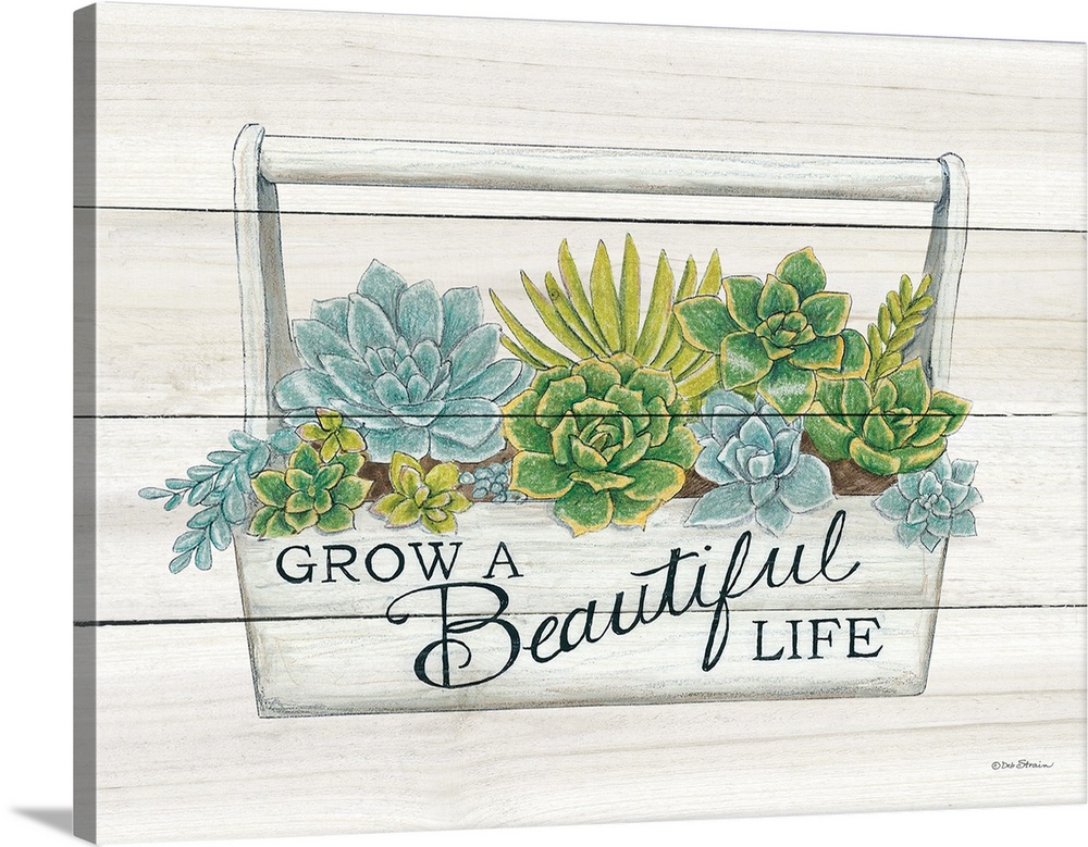 The words, grow a beautiful life, are placed over planter filled with bright green and blue succulents.
