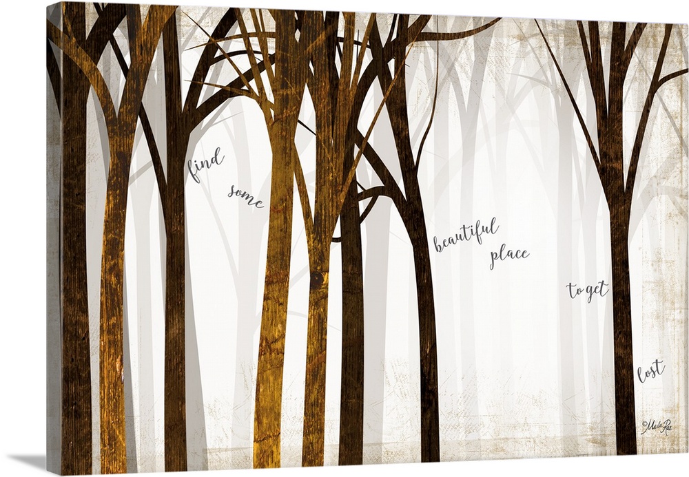Artwork of a bright forest with tall, slender trees and script text.
