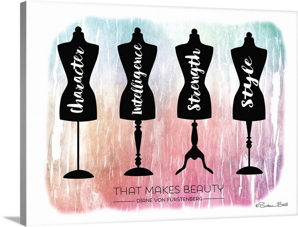 Virtues of beauty and fashion handlettered in white text on silhouettes of dress forms.