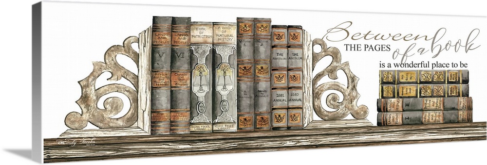 Decorative artwork of aged books featuring the words: Between the pages of a book is a wonderful place to be.