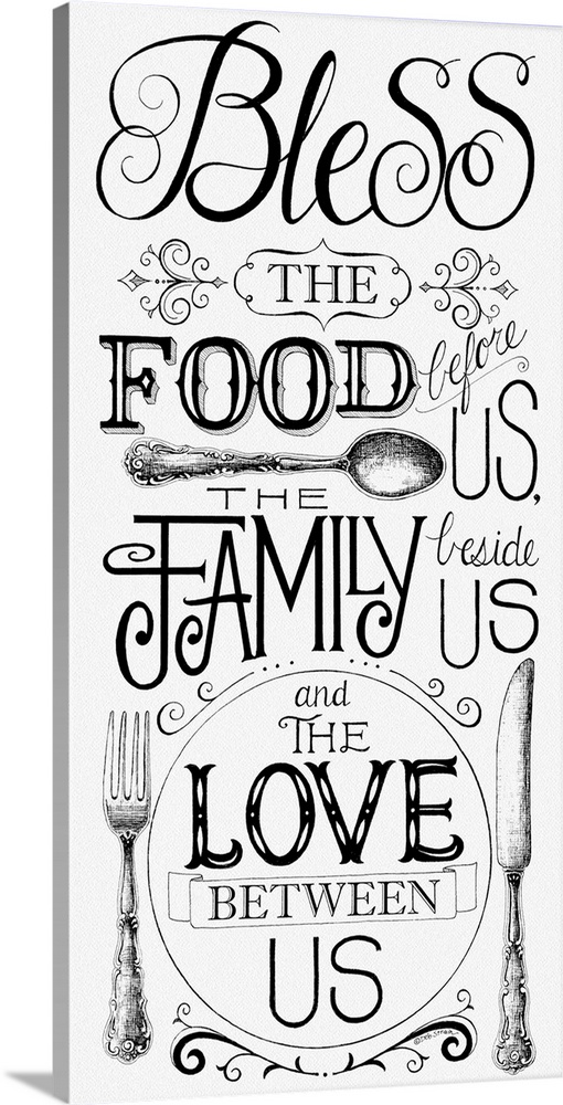 Hand-lettered modern calligraphy artwork, blessing food, family, and love, with a cutlery theme.