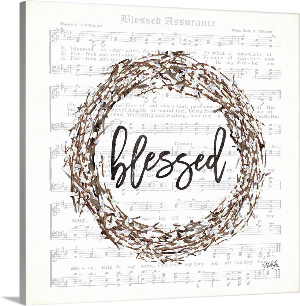 Blessed wreath with the sheet music for "Blessed Assurance" in the background.