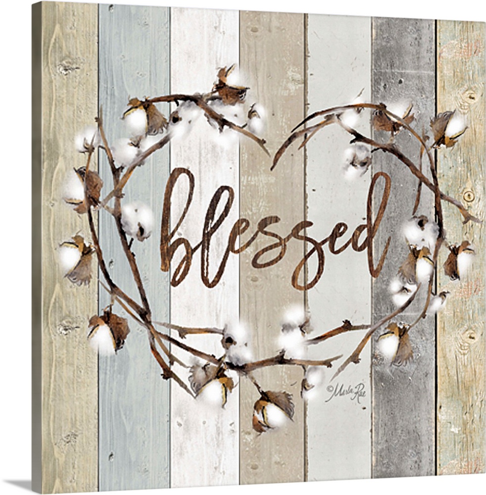 "Blessed" in the middle of a heart wreath of cotton against a shiplap background.