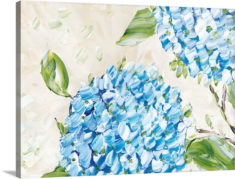 Horizontal abstract of vibrant Blue Hydrangeas in textured brush strokes.