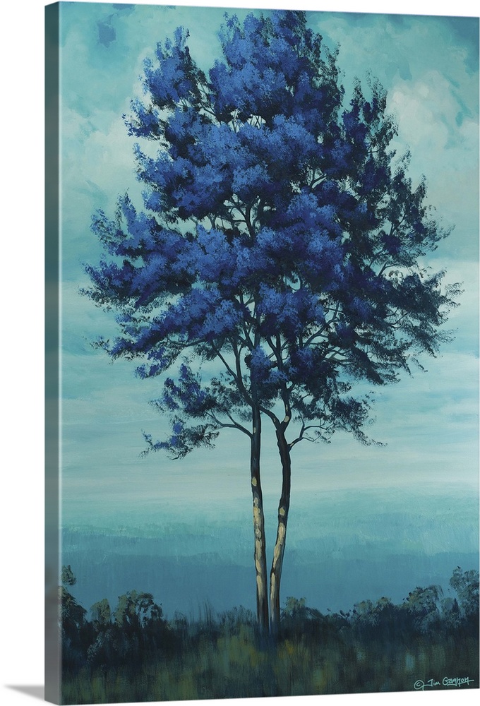 Painting of a tall blue tree under a cloudy sky.