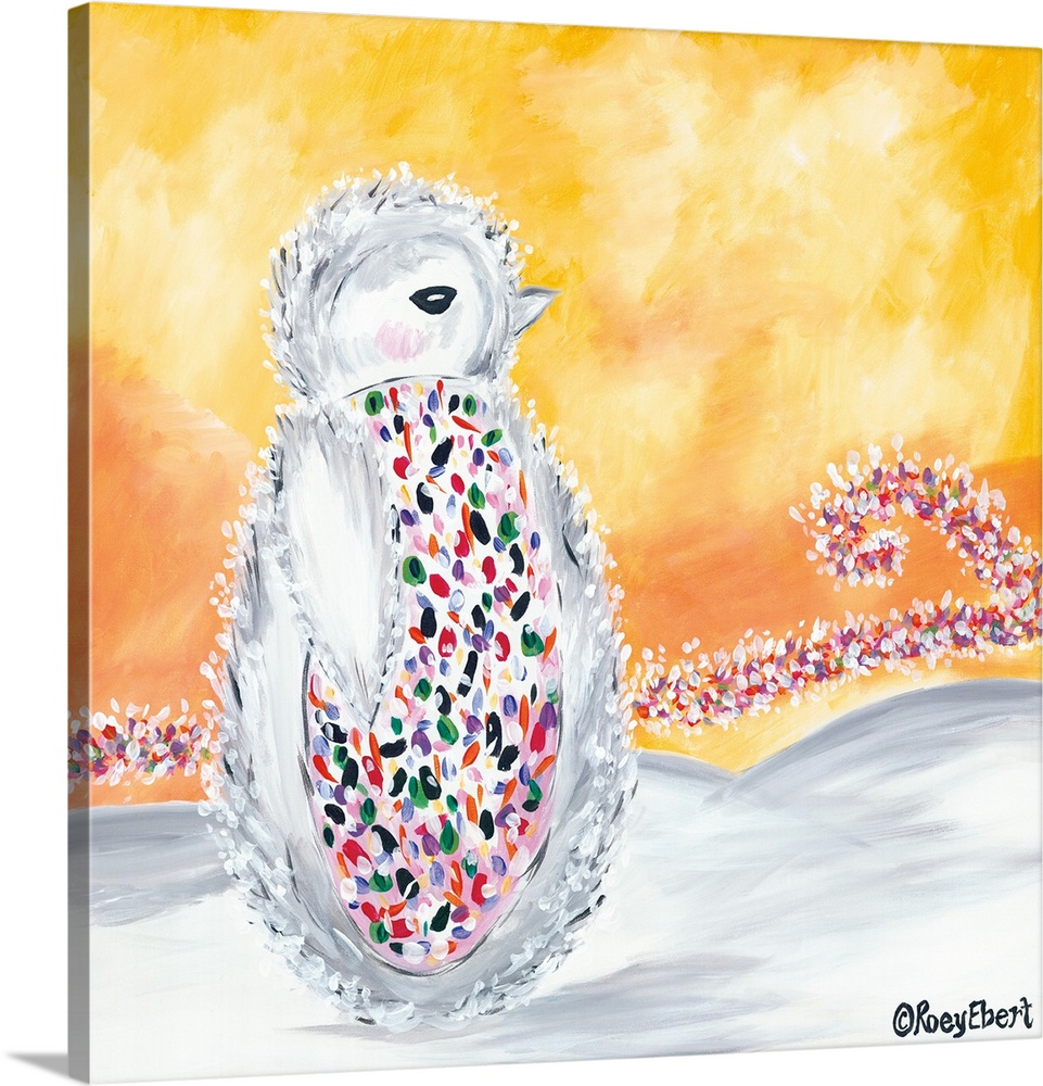 Artwork of a baby penguin with a belly covered in multicolored dots.