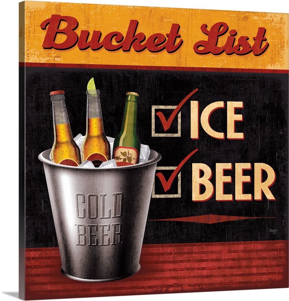 Humorous sign advertising beer with large, bold lettering.