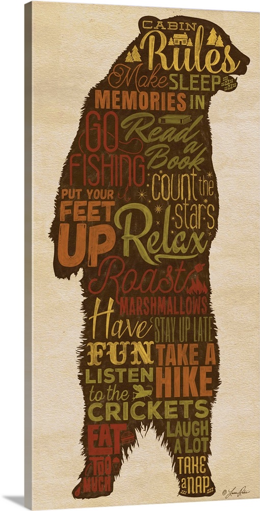 Typography art of forest lodge-themed "rules" in the silhouette of a bear.