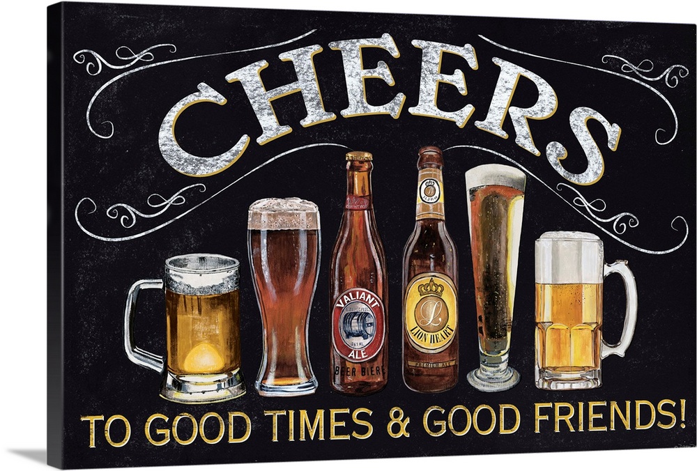 A chalkboard style sign with various beer mugs and bottles.