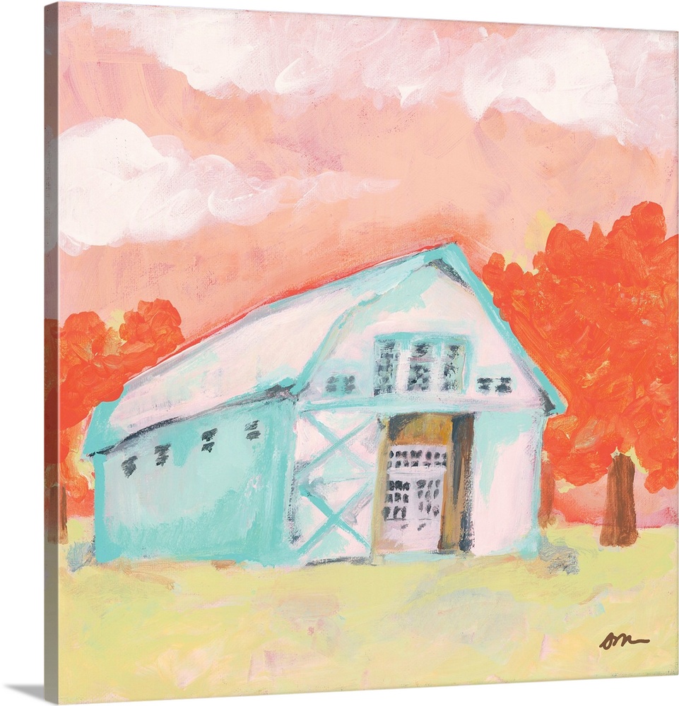 Brightly painted image of a barn.