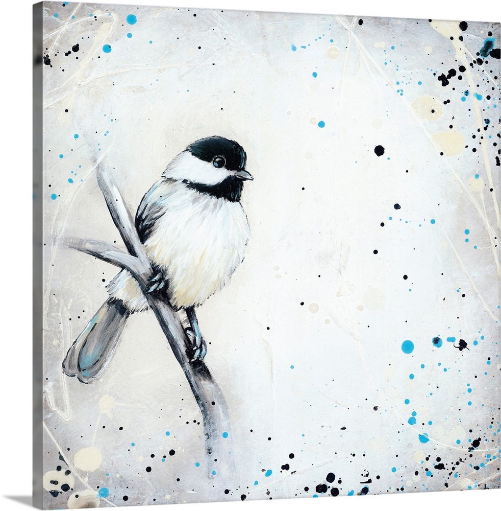 Painting of a black-capped chickadee perched on a branch, surrounded by black and blue paint splatters.