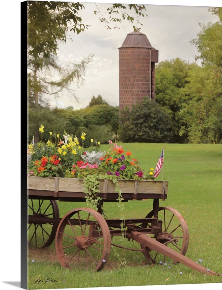 Photograph of flowers in a wagon.