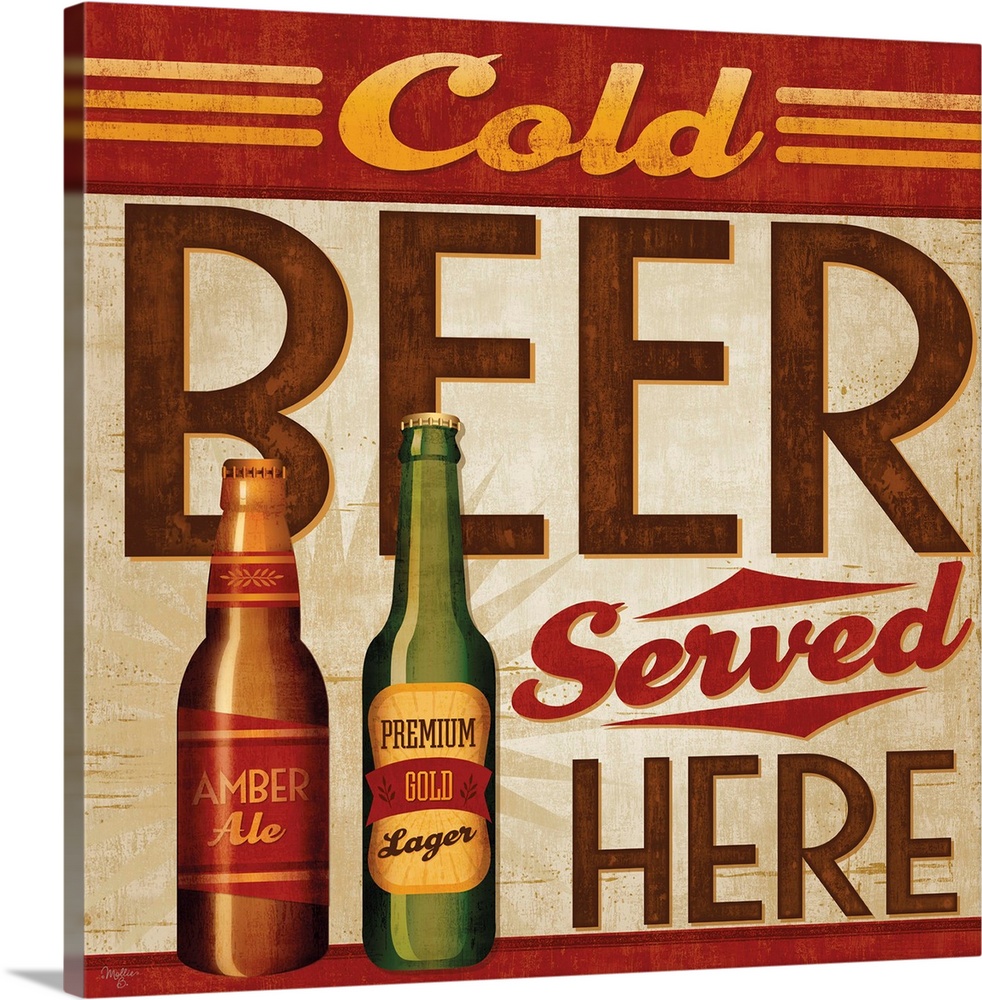 Retro style sign advertising cold beer with large, bold lettering.