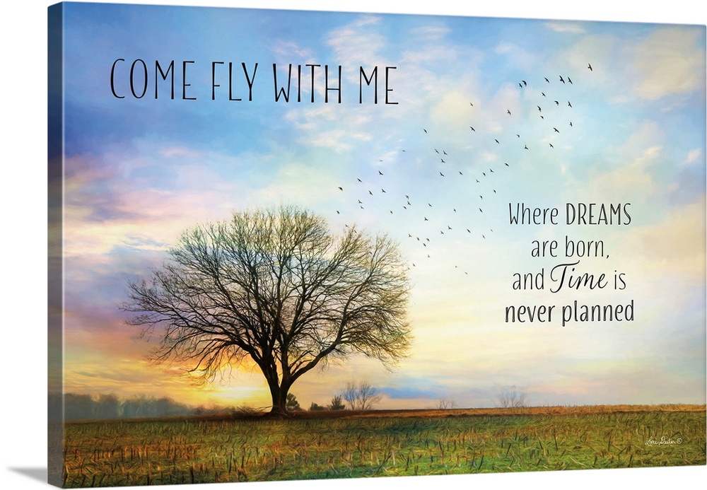 Decorative artwork with the words: Come fly with me, where dreams are born and time is never planned, above a country land...