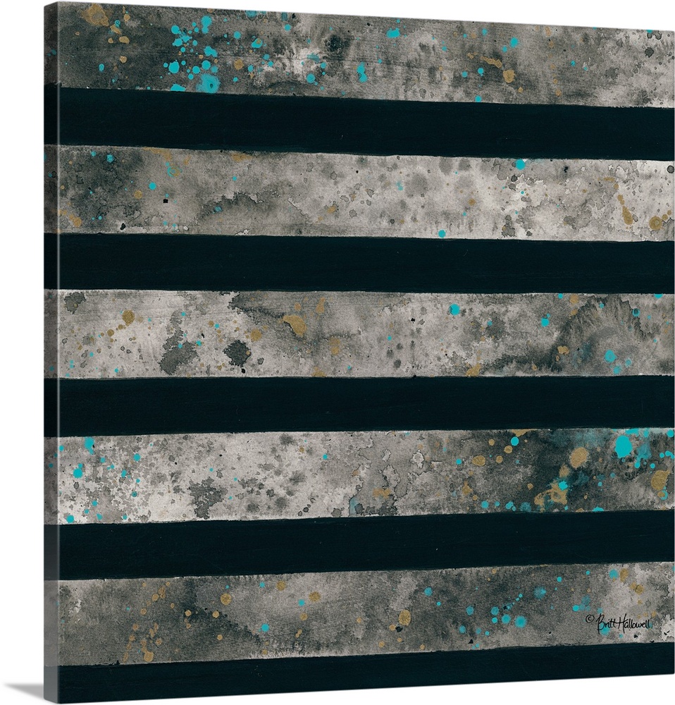 Abstract art print of horizontal lines in grey and turquoise contrasting with solid black.