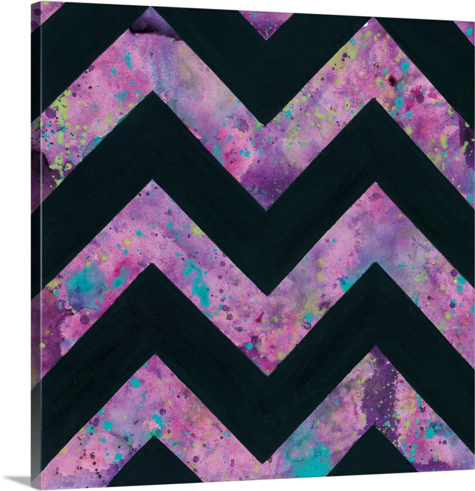 Abstract art print of a chevron pattern in pink and blue contrasting with solid black.