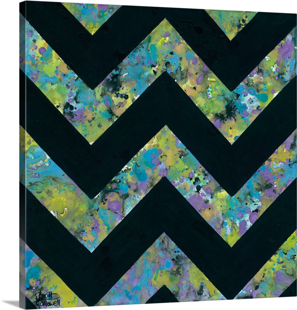 Abstract art print of a chevron pattern in green, purple, and blue contrasting with solid black.