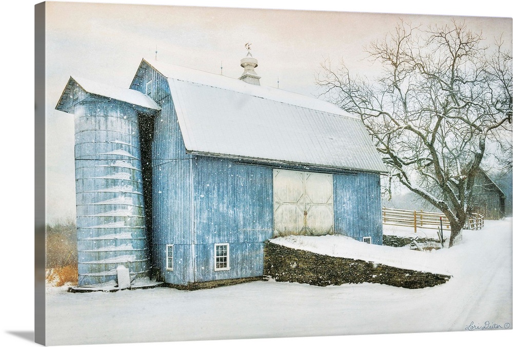 Photograph of a blue barn in rural countryside scene in winter.