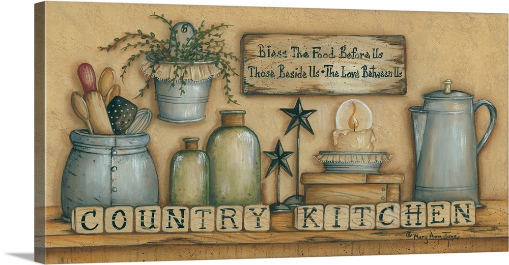 A shelf filled with items including a candle, stars, and kitchen utensils, with "Country Kitchen" spelled out in blocks.