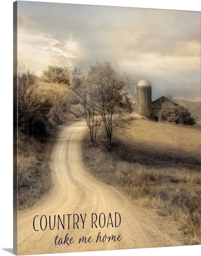 Text over an image of a dirt road leading to a farm and silo in the countryside.