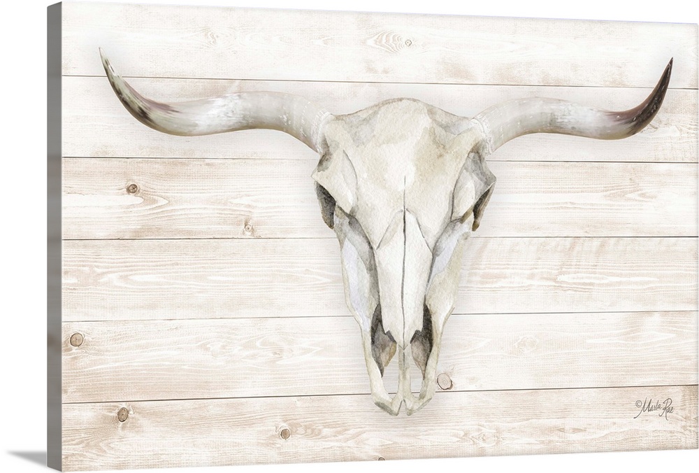 A horizontal digital illustration of a cow skull on a white washed wood background.