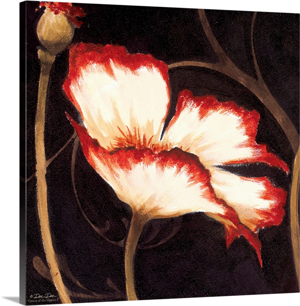 Artwork of a red and white poppy with the stems in the background.