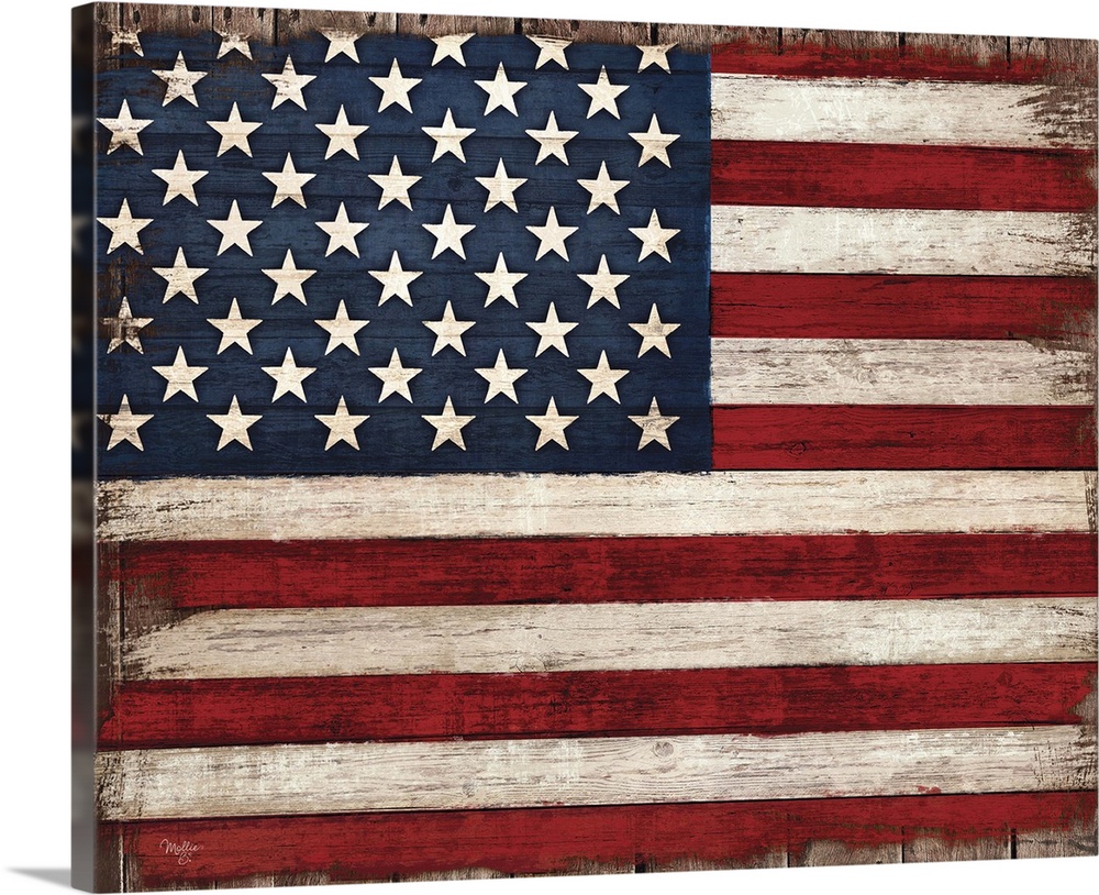 Distressed looking American flag against a rustic wooden surface.