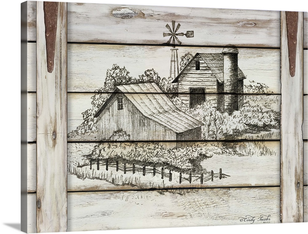 Decorative artwork of sketched countryside scene over distressed planks of wood.