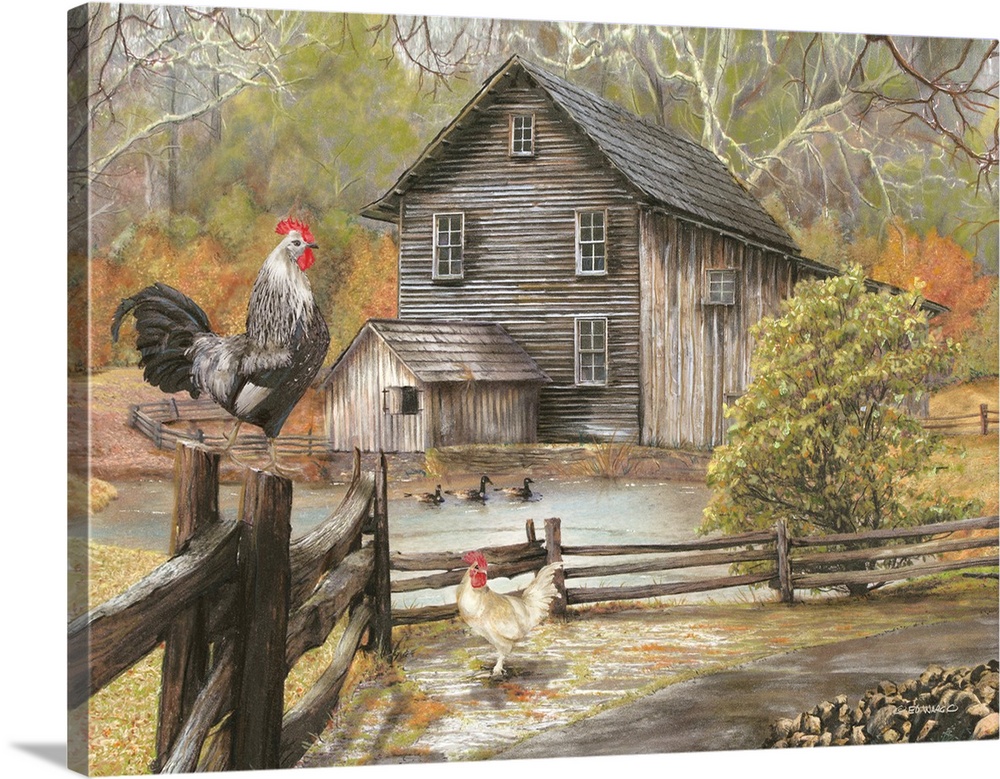 This contemporary artwork features roosters against a countryside landscape.