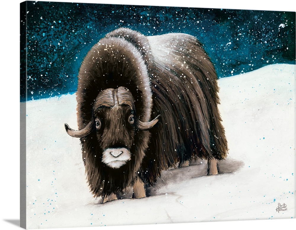 Artwork of a large muskox standing in the snow at night.