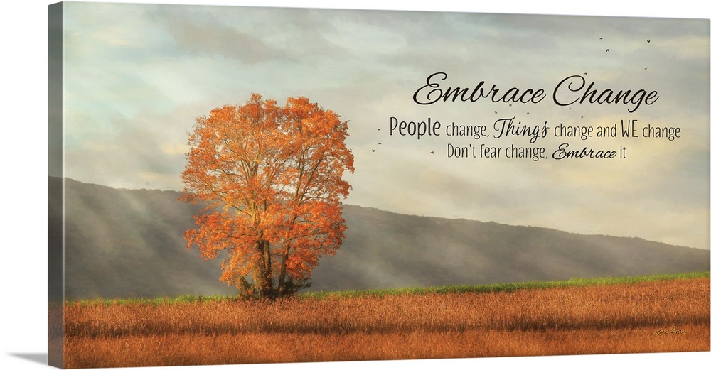 The words: Embrace Change, People change, Things change and we change, Don't fear change, Embrace it, over a countryside l...