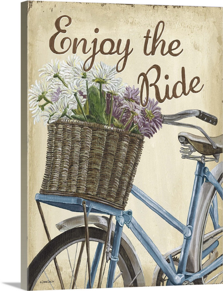 Illustration of a blue bicycle with a basket full of flowers and the text "Enjoy the Ride."