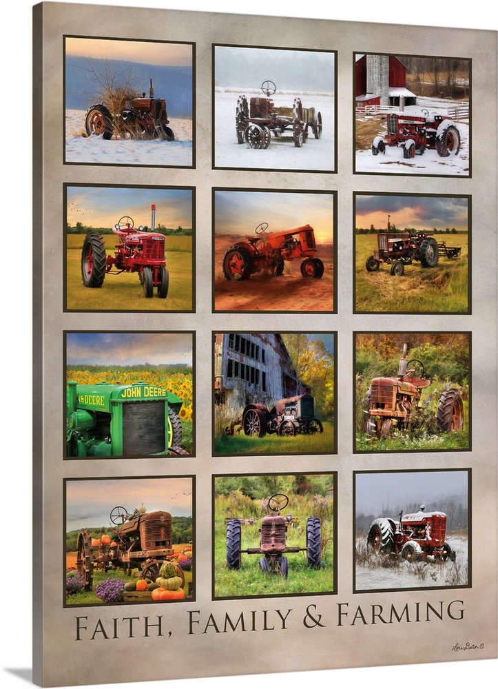 Collection of farm tractors of varying colors and seasons, arranged in a grid.