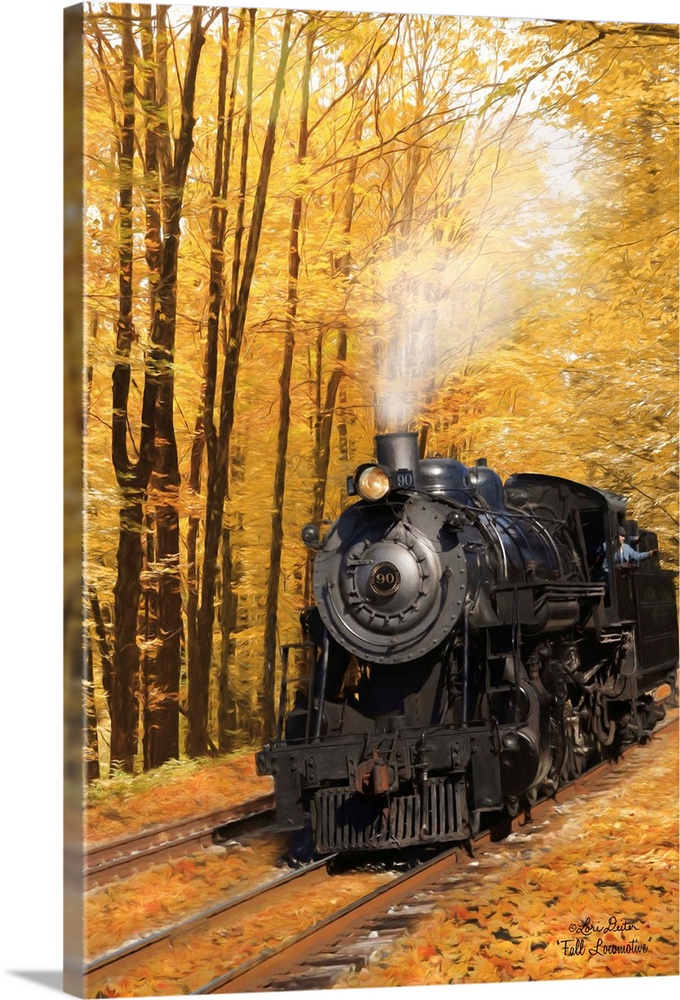 Photograph of a train travelling through an autumn forest with the title, Fall Locomotive, in the bottom right corner.
