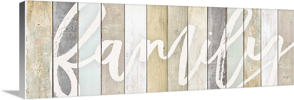 Family-themed typography artwork on a background of various wooden boards.