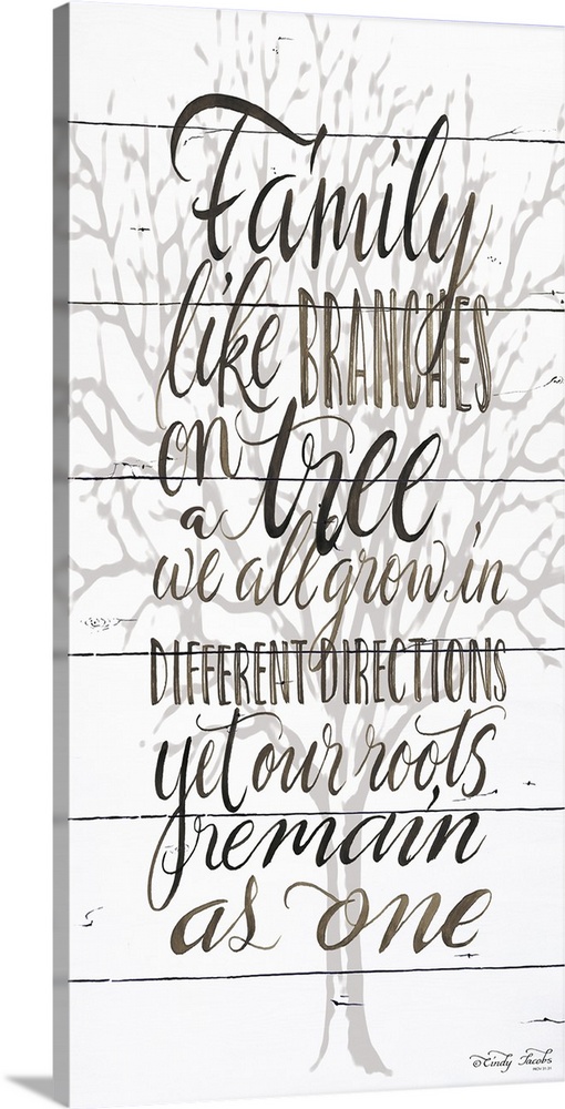 Digital artwork of distressed wood panels featuring the words: Family like branches on a tree, we all grow in different di...
