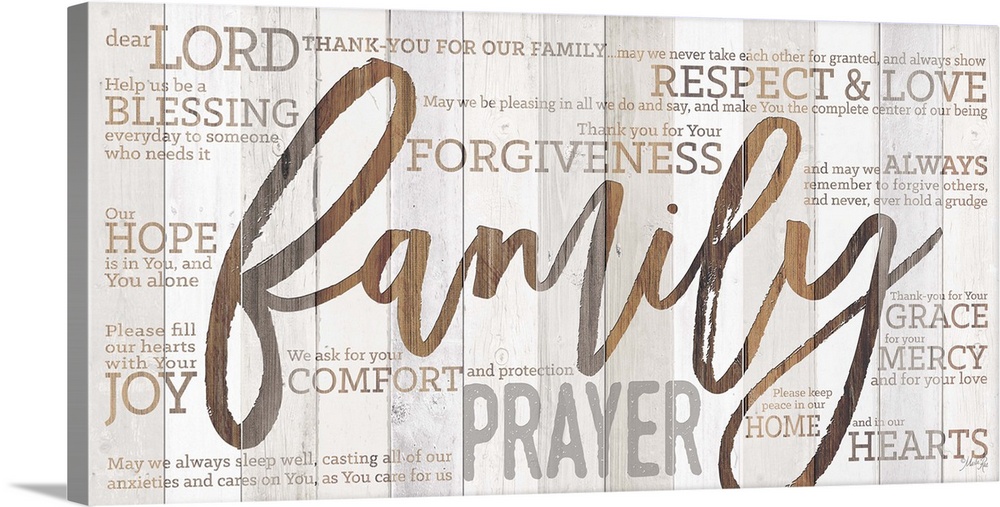 Religious typography art with Christian-themed words surrounding Family Prayer in large text.